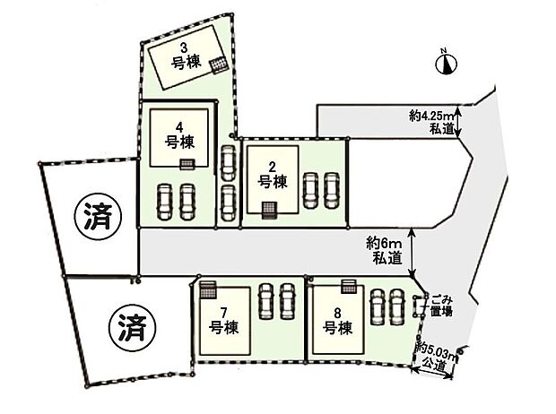 【全体区画図】土地45坪超のゆとりある敷地に、駐車2台可能な住まいを計画。前面道路は4.2~6mで、東側5m公道にも接道しています。大久保小学校徒歩5分の立地も魅力です。