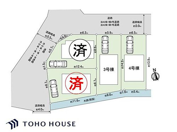 北側・西側の角地を含む、ゆとりある全4区画。全棟にカースペースを完備しています。