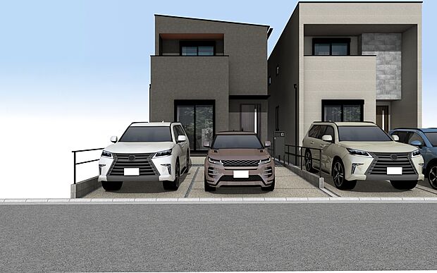 外観パース　A号棟
注文住宅から生まれたこだわりの住まい。
構造計算による【耐震等級3】という、最高レベルで大切な家族を守る家です。