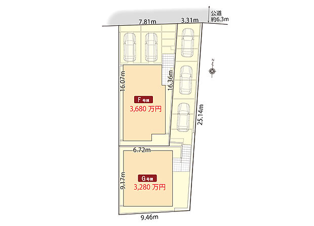 区画図　
駐車2～3台可能！(号棟による)