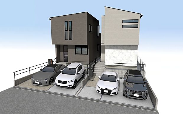 外観パース　左：A号棟、右：B号棟
■未完成物件の為、モデルハウスへのご案内も致します。お気軽にお問合せ下さいませ。