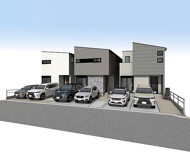 外観パース全体 右:A号棟、中央:B号棟、左:C号棟
■未完成物件の為、モデルハウスへのご案内も致します。お気軽にお問合せ下さいませ。