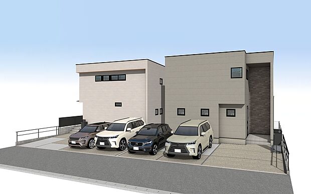 外観パース　A号棟：右側、B号棟：左側
並列駐車3台可！
未完成物件の為モデルハウスへのご案内も致します。
平日・土日問わずお気軽にお問合せください。
