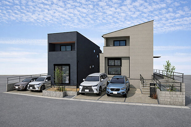 外観パース(左側：A号棟・右側：B号棟)　並列駐車2台可！
未完成物件の為モデルハウスへのご案内も致します。
平日・土日問わずお気軽にお問合せください。