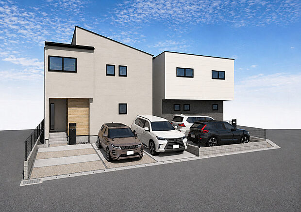 外観パース(右：B号棟、左：C号棟、奥：A号棟)
■未完成物件のため、モデルハウスへのご案内も致します！
お気軽に「0120-928-571」へご連絡下さい。