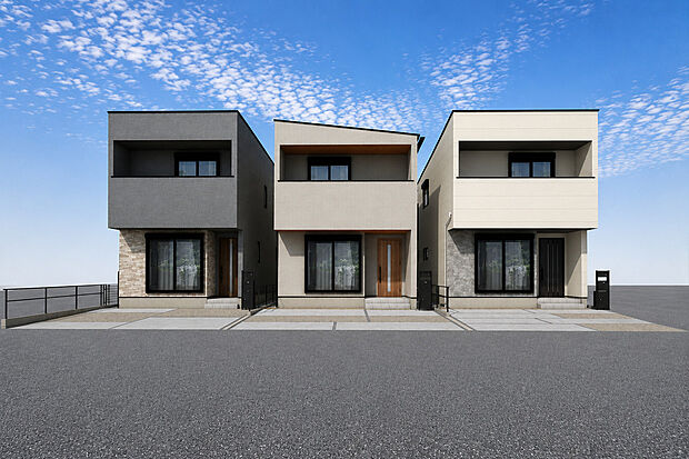 外観パース　（左からA・B・C号棟）注文住宅から生まれたこだわりの住まい。構造計算による耐震等級3という、最高レベルで大切な家族を守る家です。
