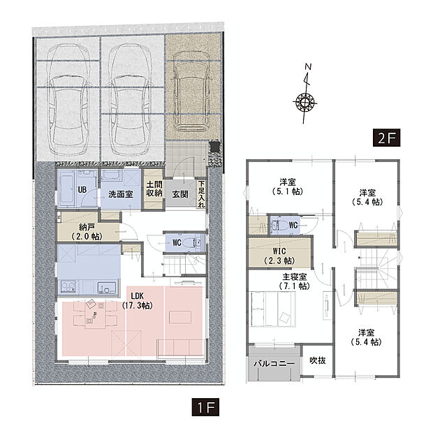 【４LDK+WIC+納戸＋土間収納】■吹抜がリビングをより明るく、開放的な空間に
■全居室収納付きで家族全員の持ち物がすっきり片付く
