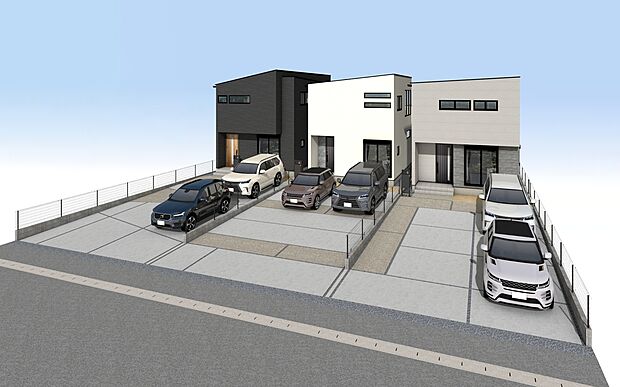 【左：Ａ号棟、中央：B号棟、右：C号棟】■未完成物件のため、モデルハウスのご案内も致します。お気軽に「0120-928-571」までご連絡ください！