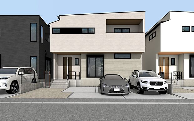 【B号棟　】現地外観パース　並列駐車3台可！