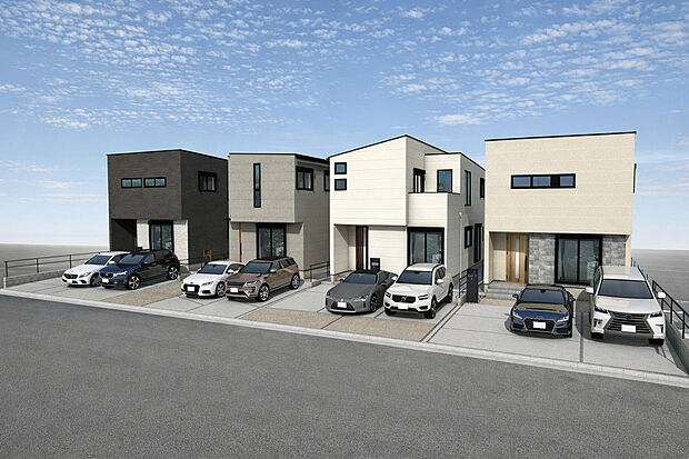 【外観パース】注文住宅から生まれたこだわりの住まい。アクセントのある外観、洗練されたデザイン。間取りにもこだわり、目的ごとに分けられるよう収納スペースを各所に配置しています。
