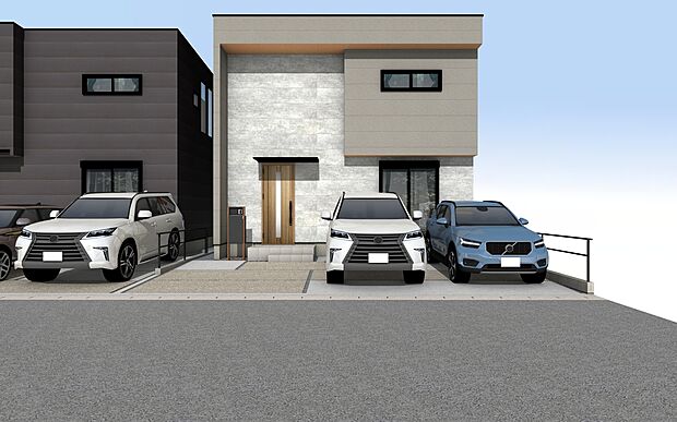 【外観パース　B号棟】■未完成物件の為、モデルハウスへのご案内も致します。
お気軽に「0120-928-571」までお問合せ下さい！