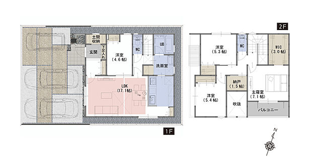 【４LDK+WIC+納戸＋土間収納】■家事導線を考えた間取
■ウィークインクローゼットは大容量の3.0帖
