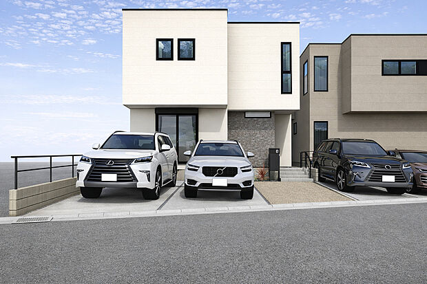 【B号棟】現地外観パース　並列駐車3台可！(車種による)