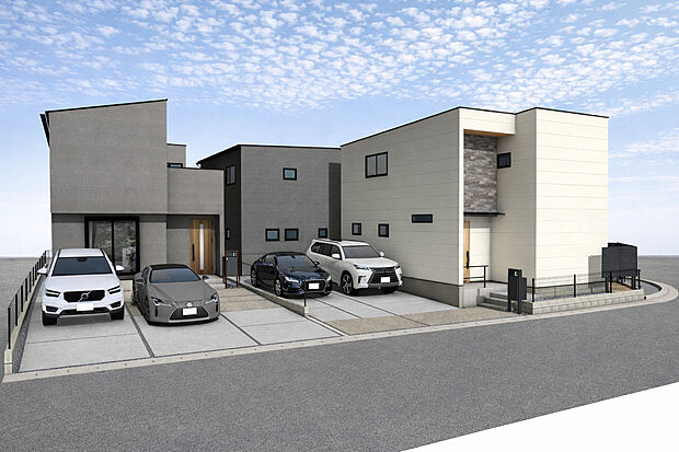 【外観パース　右：B号棟、奥：A号棟、左：C号棟】※B号棟ご成約済み■未完成物件の為、モデルハウスへのご案内も致します。お気軽にお問合せ下さいませ。