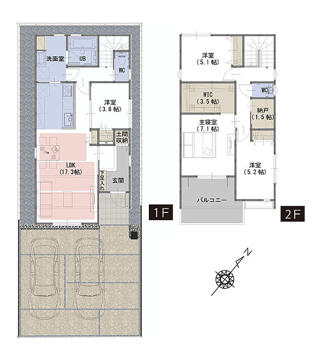 【4LDK+WIC+納戸+土間収納】■ゴルフバックやベビーカーを収納できる土間収納付き
■7.1帖の広々とした主寝室