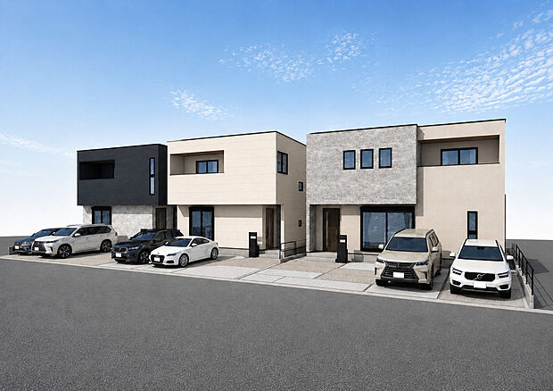 【外観パース全体 左:A号棟、中央:B号棟、右:C号棟】■未完成物件の為、モデルハウスへのご案内も致します。お気軽にお問合せ下さいませ。