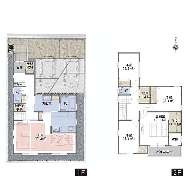 【4LDKS+WIC+土間収納】・並列駐車2台可能
・水回りが集中しているので家事負担も軽減できる間取りです！
