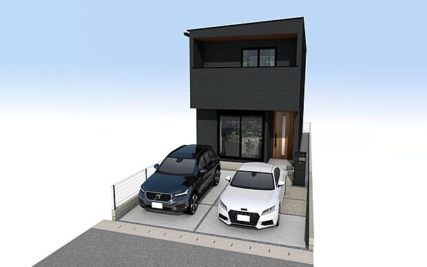 【外観パース図】外観パース　B号棟並列2台駐車可！■未完成物件の為、モデルハウスへのご案内も致します。お気軽に「0120-928-571」までお問合せ下さい！