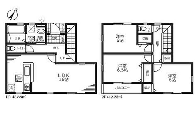 ≪間取図≫
1階にワンフロアタイプのLDK、2階に3居室をレイアウト。家族の時間とひとりの空間の両方を大切にできそうです☆全居室6帖、プライベートルームも広々お使いいただけます。