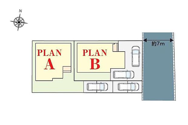 ≪全体区画図≫
A、B号棟ともにお庭+カースペース2台確保しております♪来客時の駐車スペースやご家族の駐輪スペースにも最適です!