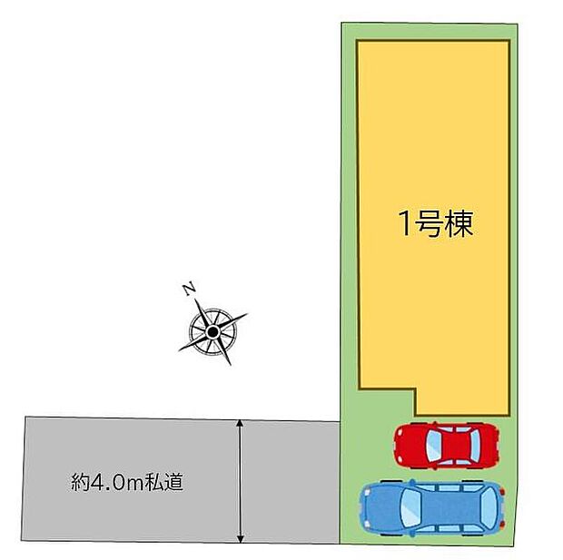 ≪全体区画図≫
カースペースは車種により２台分駐車可能！建物東側には公園があり、緑豊かな住環境です♪