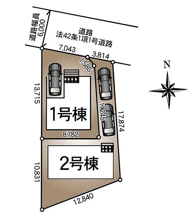 ≪全体区画図≫ビルトインガレージ1台分（1号棟）、カースペース2台分（2号棟）完備！（※車種による）