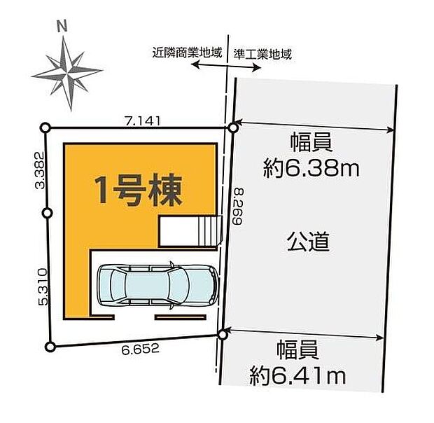 ≪全体区画図≫
愛車を埃や強い日差しから守るビルトインガレージ♪前面の道路は6m以上をゆとりのある広さなのでお車の駐車もスムーズです!