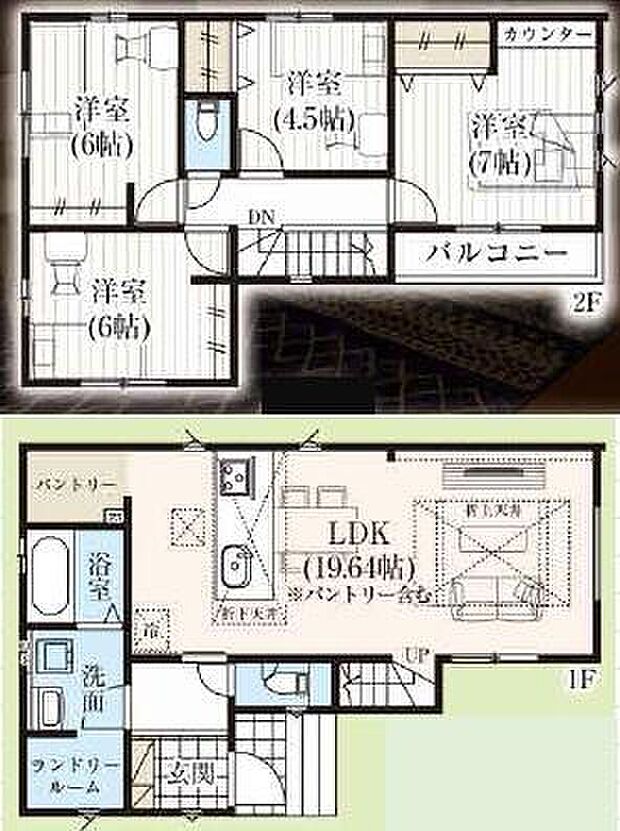 ≪1号棟間取図≫
広々19.64帖のLDK!対面キッチンからはLDK全体を見渡せます♪育ちざかりのお子様を持つママに嬉しい広々パントリー(食糧貯蔵庫)付き♪雨の日の洗濯物も安心のランドリールーム付き♪