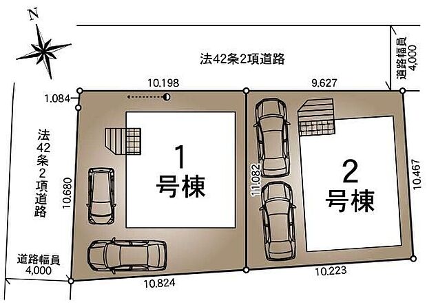 ≪全体区画図≫全邸駐車場2台分完備!(※車種制限がある場合がございます。)1号棟は角地になっています♪