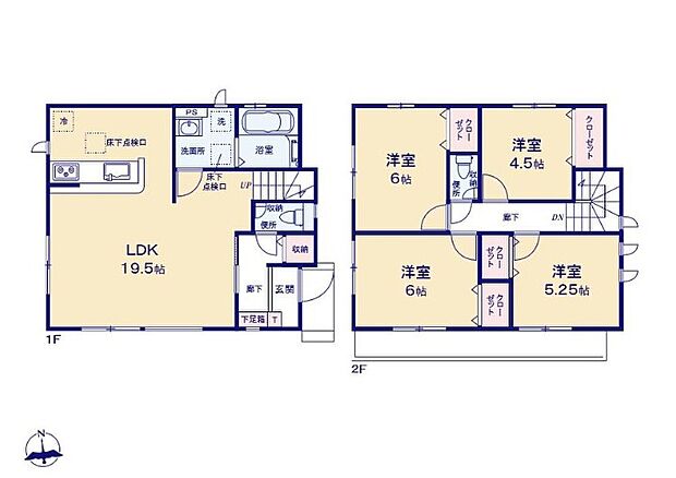 【4LDK】1階にワンフロアタイプの広々19帖LDK、2階に4居室をレイアウト。家族の時間とひとりの空間の両方を大切にできますね♪