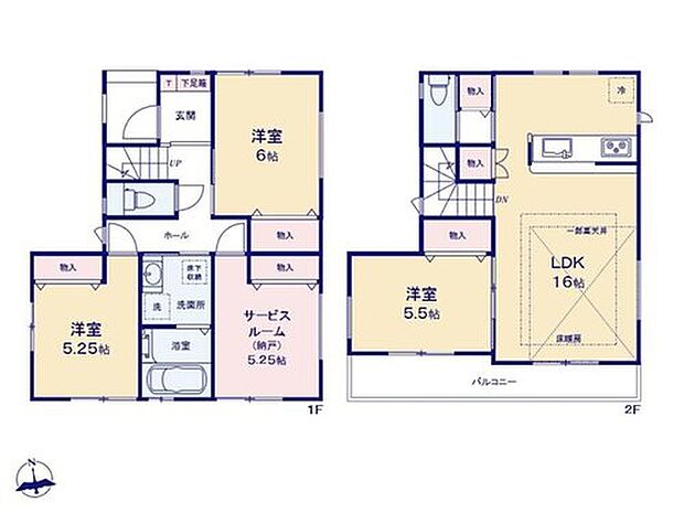 【3LDK+S】家族と一声交わせるリビングイン階段、陽当りとプライバシー性に恵まれた２階リビングプラン☆全居室、リビング、廊下にも豊富な収納スペースがございます♪