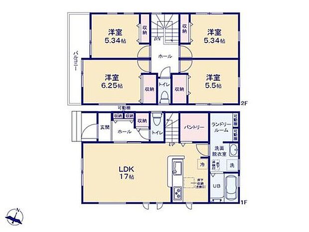 【4LDK】家事動線スムーズな水回り集中設計にプラスして、「パントリー」と「ランドリールーム」付き!食品ストックはパントリーに、ご家族分のパジャマやタオルはランドリールームにまとめてしまえます♪