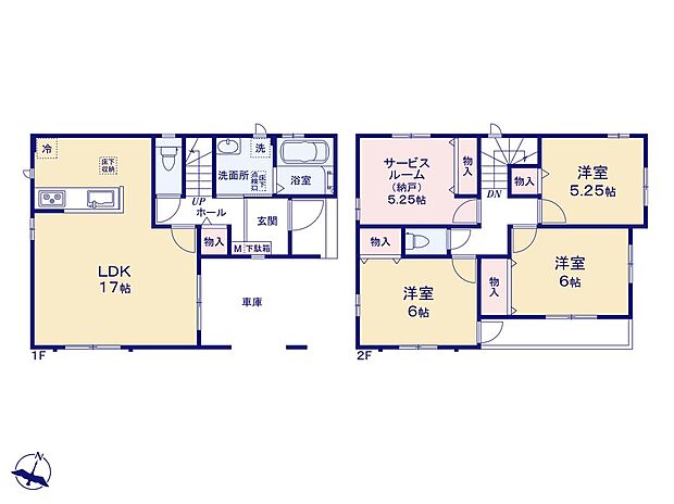 【3LDK+S】【2階建てプラン　長期優良住宅】「ただいま」の後にお風呂に直行できる玄関横浴室。遊び盛りのお子さまのいるご家庭に嬉しい間取りです♪（ビルトイン車庫面積8.69m2）