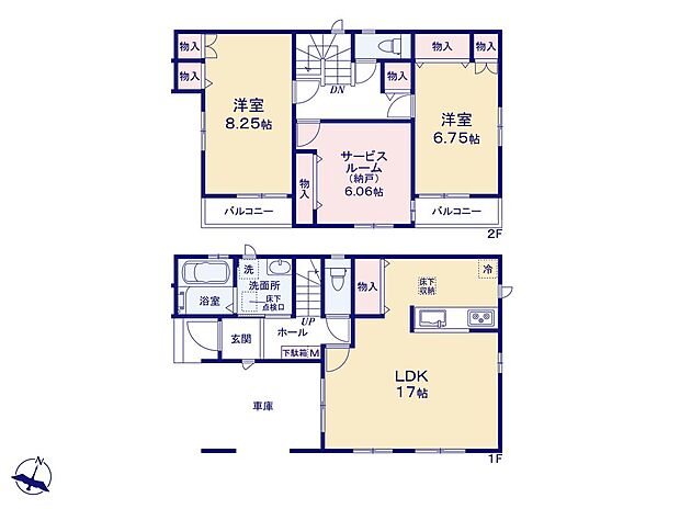 【2LDK+S】【2階建てプラン　長期優良住宅】1階にワンフロアタイプのLDK、2階に2居室と納戸をレイアウト。家族の時間とひとりの空間の両方を大切にできそうです☆（ビルトイン車庫面積9.93m2）