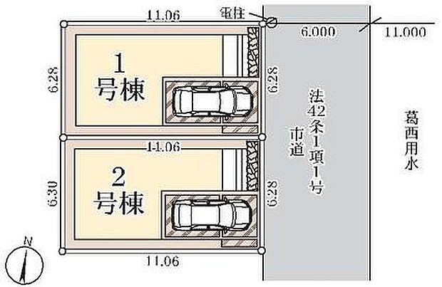 【【全体区画図】】ビルトインガレージの車庫は雨からお気に入りのお車を守ってくれます♪葛西用水に面しているため、前面が開けており、陽当たり・風通しともに良好な立地です♪