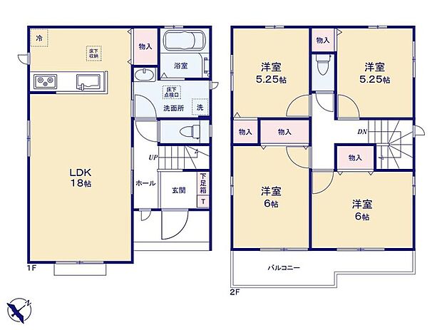 【4LDK】広々18帖のLDK!対面キッチンからはLDK全体を見渡せます♪
水回りがまとまっていて、家事導線も楽々☆
全部屋に収納つきでお部屋がすっきりまとまります!