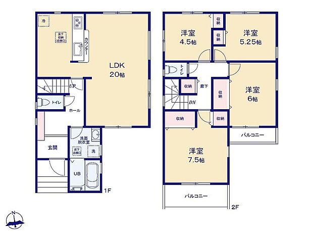 【4LDK】LDK広々20帖！家具レイアウトの幅も広がります♪
2か所のバルコニーは洗濯物とガーデニングを
分けて使うのもおススメ◎玄関入ってすぐの洗面室は
帰宅後にすぐ手を洗えて衛生的です☆