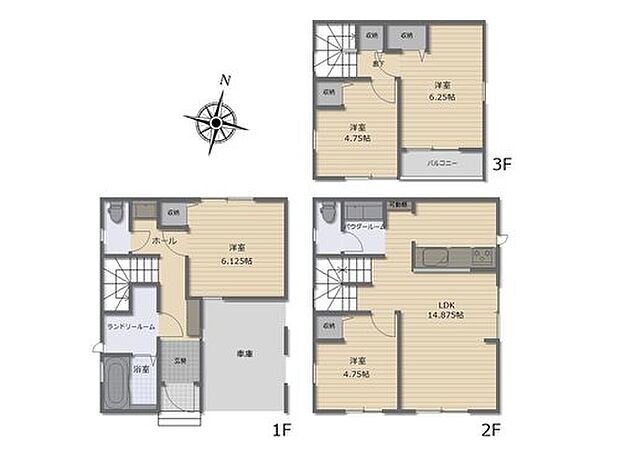 【4LDK】道路からのプライバシーを確保しやすい「2階リビング」を採用♪14.875帖のLDK!対面キッチンからはLDK全体を見渡せます♪全居室に収納を完備していますので、お部屋をスッキリとご使用頂けます♪
