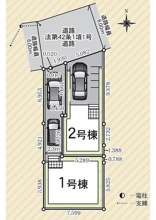 【全体区画図】前道路6mで駐車楽々♪全邸カースペース完備！（※車種による）