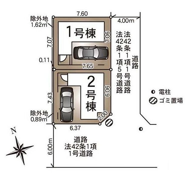 【全体区画図】全邸ビルトインガレージ付き☆(※車種による)2号棟は南道路&角地です♪