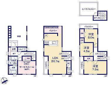 LDKは広々20.7帖！キッチンにはまとめ買いにも便利な広めのパントリー完備☆防水コンセント・防水ライト・外水栓搭載の贅沢な屋上バルコニーは、お洗濯やBBQなどの使い道を考えるのも楽しいですね♪ 