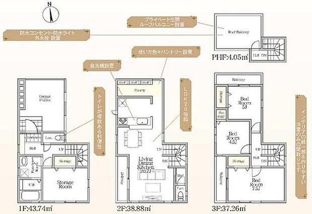 【3LDK+S】LDKは広々20.7帖!キッチンにはまとめ買いにも便利な広めのパントリー完備☆防水コンセント・防水ライト・外水栓搭載の贅沢な屋上バルコニーは、お洗濯やBBQなどの使い道を考えるのも楽しいですね♪