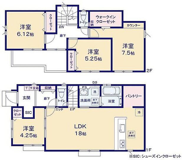 【4LDK】広々18帖のLDK！対面キッチンからはLDK全体を見渡せます♪大型パントリー、WICなど充実の収納！お部屋をスッキリとご使用頂けます♪南向きバルコニーなのでお洗濯物もよく乾きそうですね♪