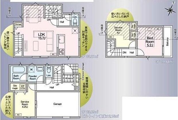 【1LDK+2S】道路からのプライバシーを確保しやすい「2階リビング」を採用♪広々15.7帖のLDK!対面キッチンからはLDK全体を見渡せます♪ビルトインガレージの車庫は雨からお気に入りのお車を守ってくれます♪
