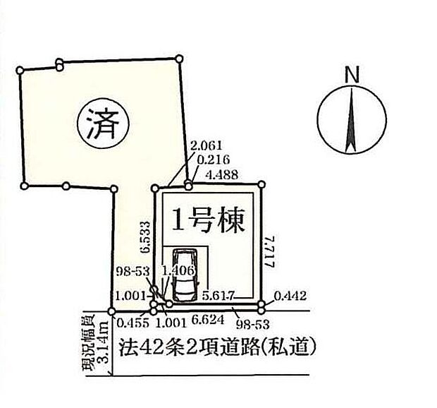 【全体区画図】南道路接道＆ビルトインガレージ付き☆私道なので車の通り抜けが少なくて安心◎
