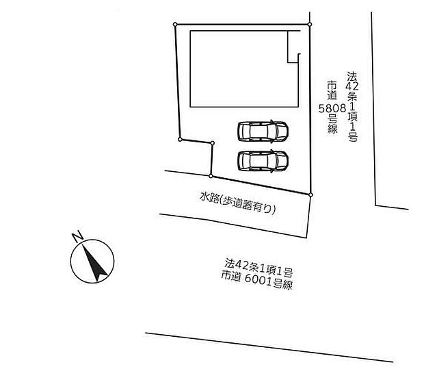 【全体区画図】南道路接道☆車高を気にせず駐車できるカースペース2台分完備!(※車種制限がある場合がございます。)