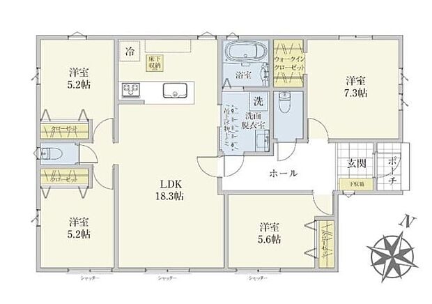 【4LDK】ライフステージの変化にも対応可能な平屋建ては日々の家事導線も楽々!お手洗いは2つ完備☆洗面室には吊り下げ物干しを設置し、雨の日のお洗濯も安心◎衣類をすっきり収納できるウォークインクローゼット完備♪