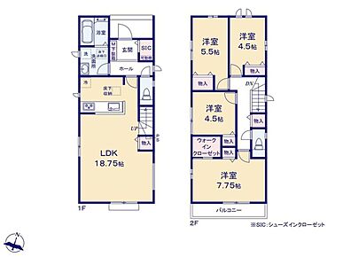 ゆったり18.75帖のリビングは南向き＆3面採光で、日当たり良好◎水回りのまとまった家事導線スムーズな間取り♪シューズインクロークやウォークインクローゼット採用で収納力抜群☆ 