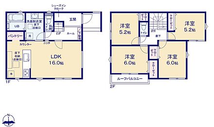 広々16帖のLDK！対面キッチンからはLDK全体を見渡せます♪買いだめにも便利なパントリー付き♪洋室を2階に集約し、プライバシーにも配慮した間取りプラン♪南向きバルコニーがあるので洗濯物もよく乾きます♪ 