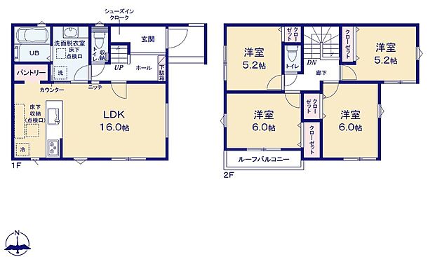【4LDK】広々16帖のLDK！対面キッチンからはLDK全体を見渡せます♪買いだめにも便利なパントリー付き♪洋室を2階に集約し、プライバシーにも配慮した間取りプラン♪南向きバルコニーがあるので洗濯物もよく乾きます♪